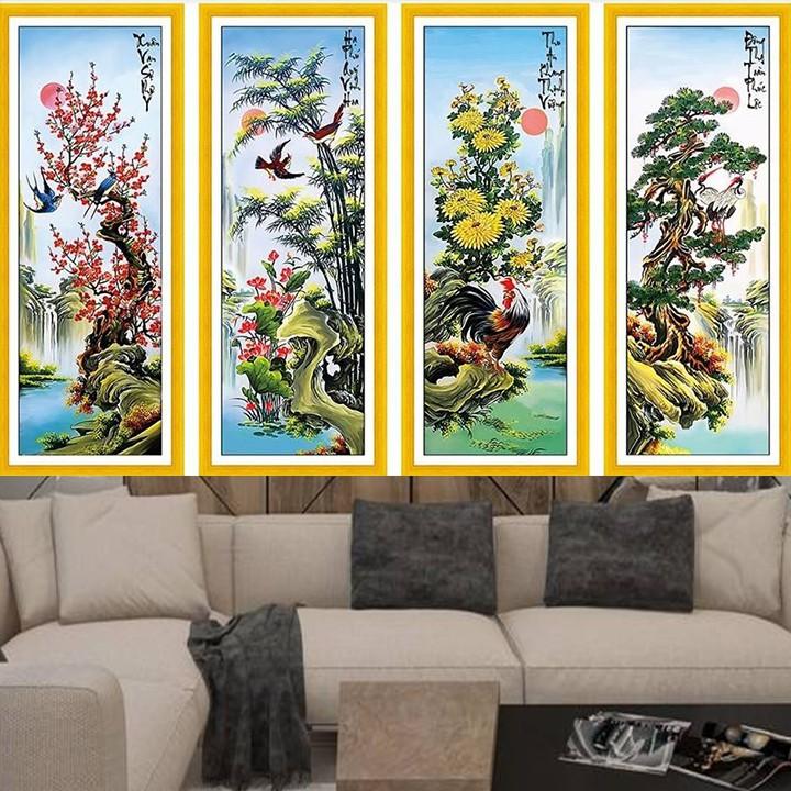 Tranh thêu tứ quý xuân hạ thu đông MN0120 - kích thước: 146 * 100cm.