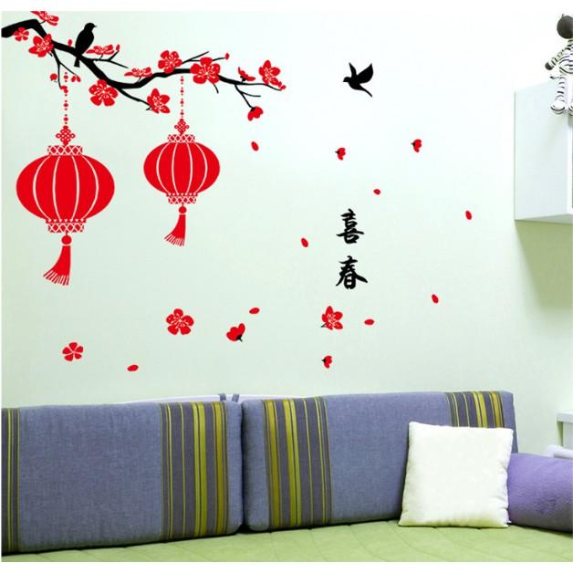 Decal trang trí tết - Cành Mai 2 lồng đèn đỏ size lớn