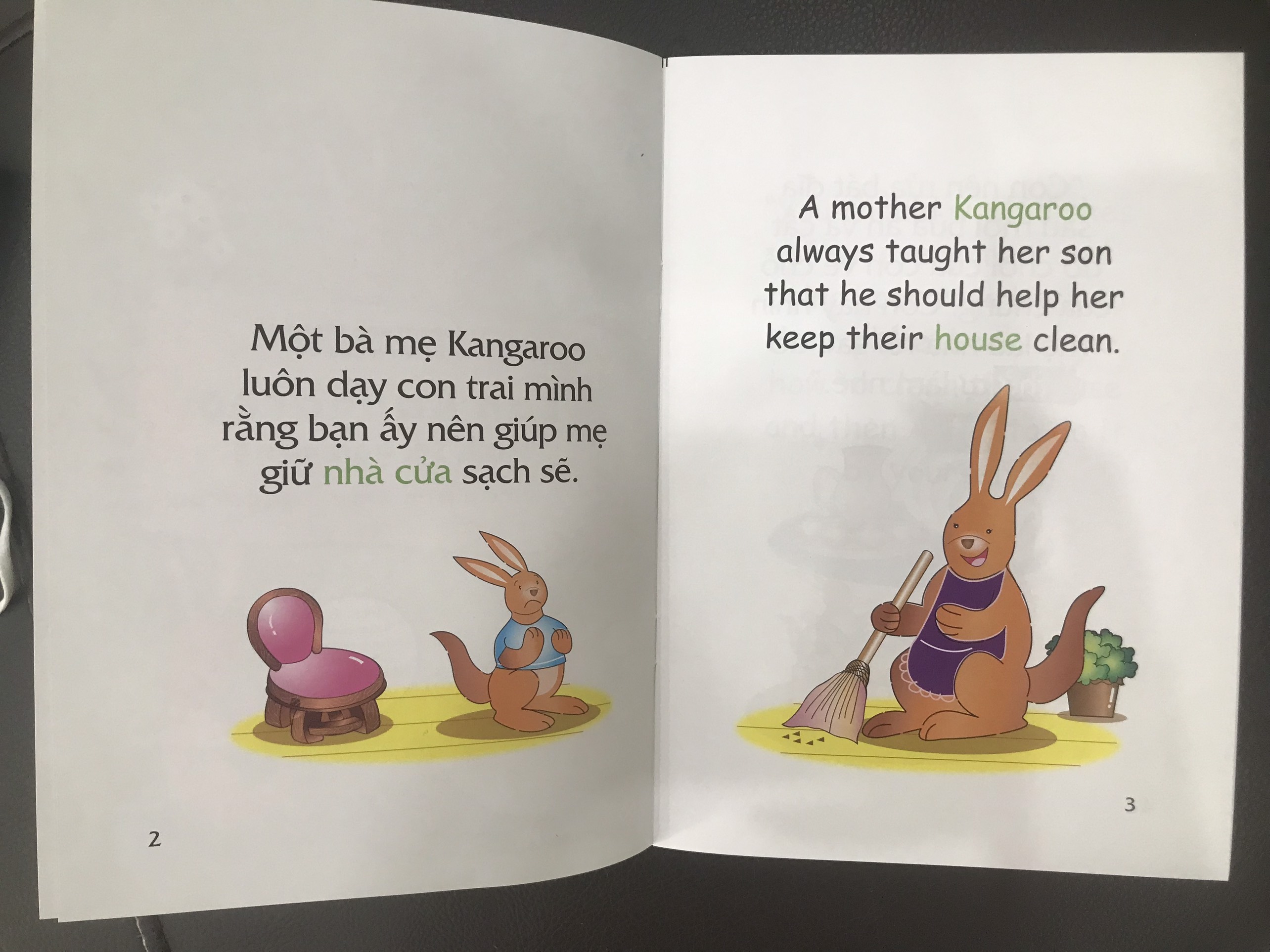 Truyện tranh song ngữ Việt-Anh cho bé - A clean and tidy Kangaroo - Bạn Kangaroo sạch sẽ, gọn gàng