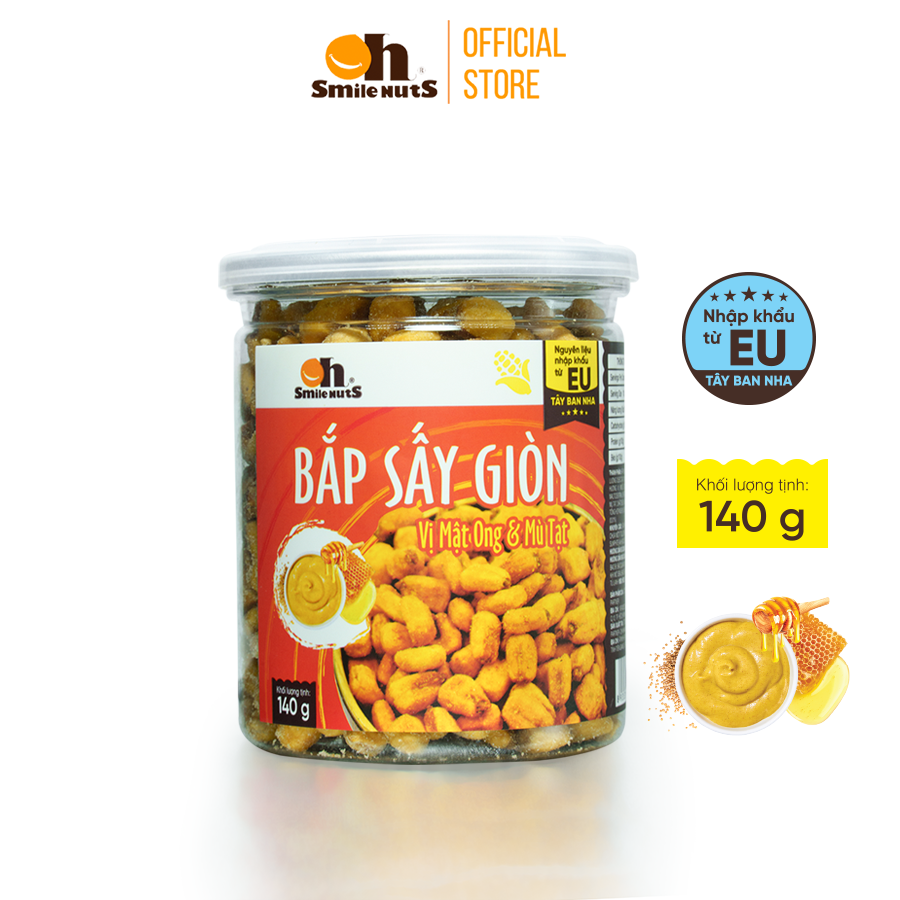 Bắp Sấy Giòn Smilenuts vị Mật Ong &amp; Bù Tạt hộp 140g _ Nhập khẩu từ Tây Ban Nha _ Bắp sấy giòn rụm, thơm ngon, tẩm vị vừa ăn _ phù hợp ăn vặt, snack bắp rang/sấy hảo hạng