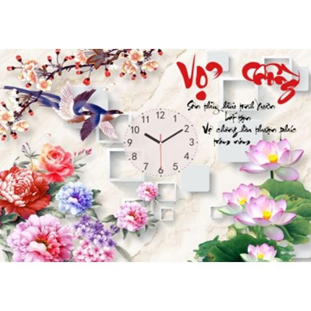 Tranh đá vợ chồng hoa sen đồng hồ YN5389 - kích thước: 64 * 50cm.