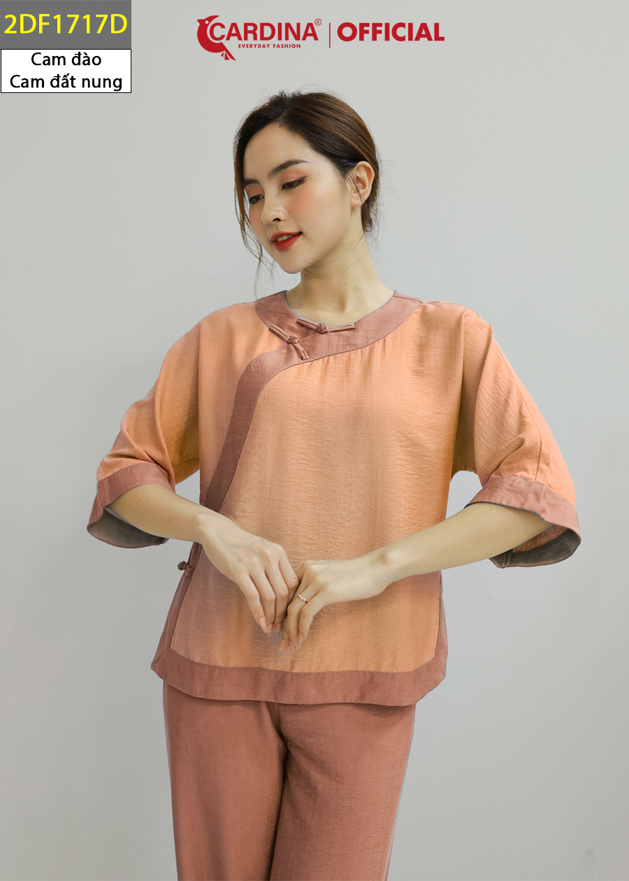 Đồ Bộ Nữ CARDINA Chất Đũi Bamboo Cao Cấp Bộ Đi Chùa Áo Cổ Tấc Cách Tân Tay Lỡ Quần Dài 2DF17