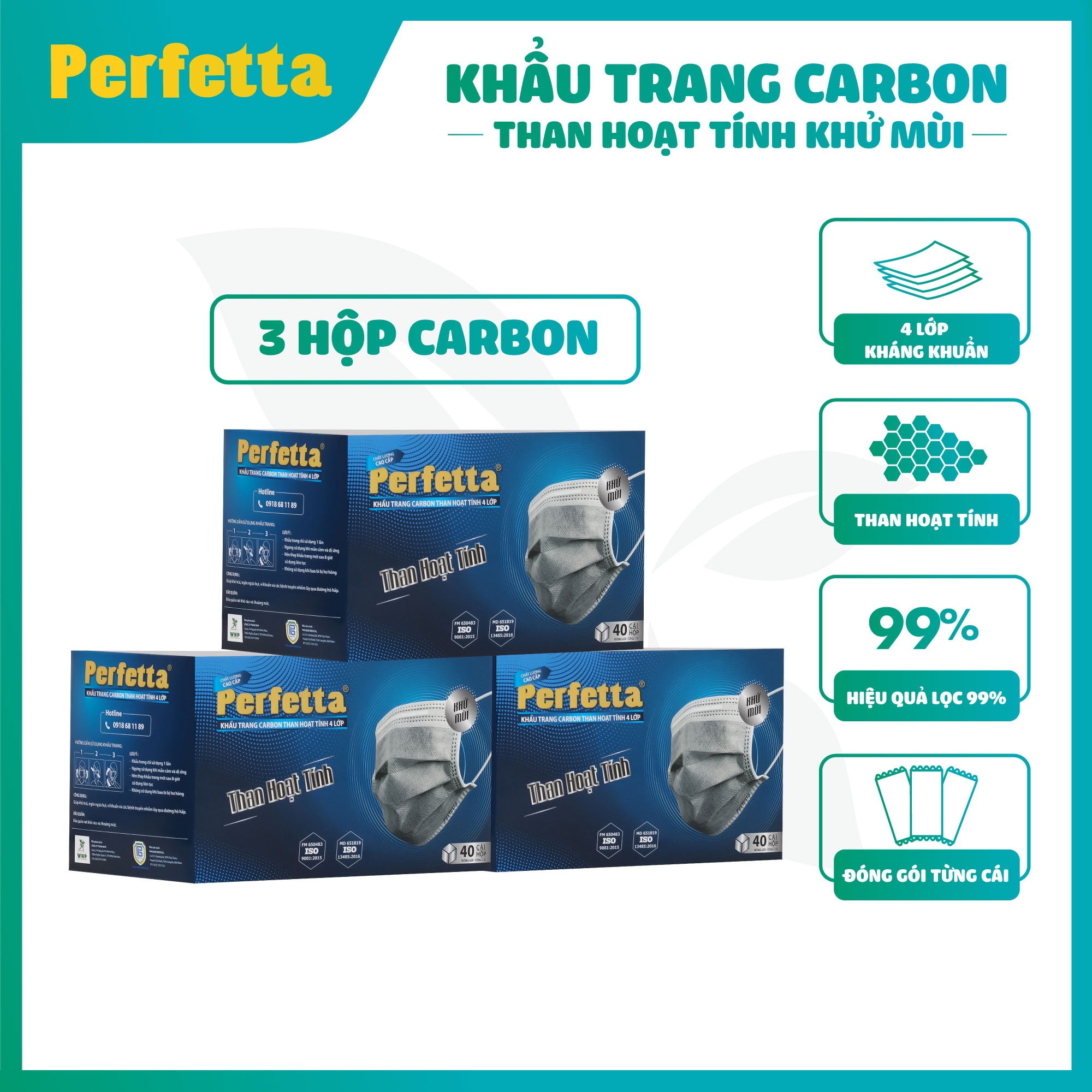 [Combo 3 HỘP - PERFETTA CARBON] - Khẩu Trang Carbon Hoạt Tính Chất Lượng Cao, Khử Mùi, Chống Bụi Mịn, Màu Xám Xanh, 4 Lớp, Bảo Vệ Tối Ưu, Đóng Gói Từng Cái - (40 cái/hộp)