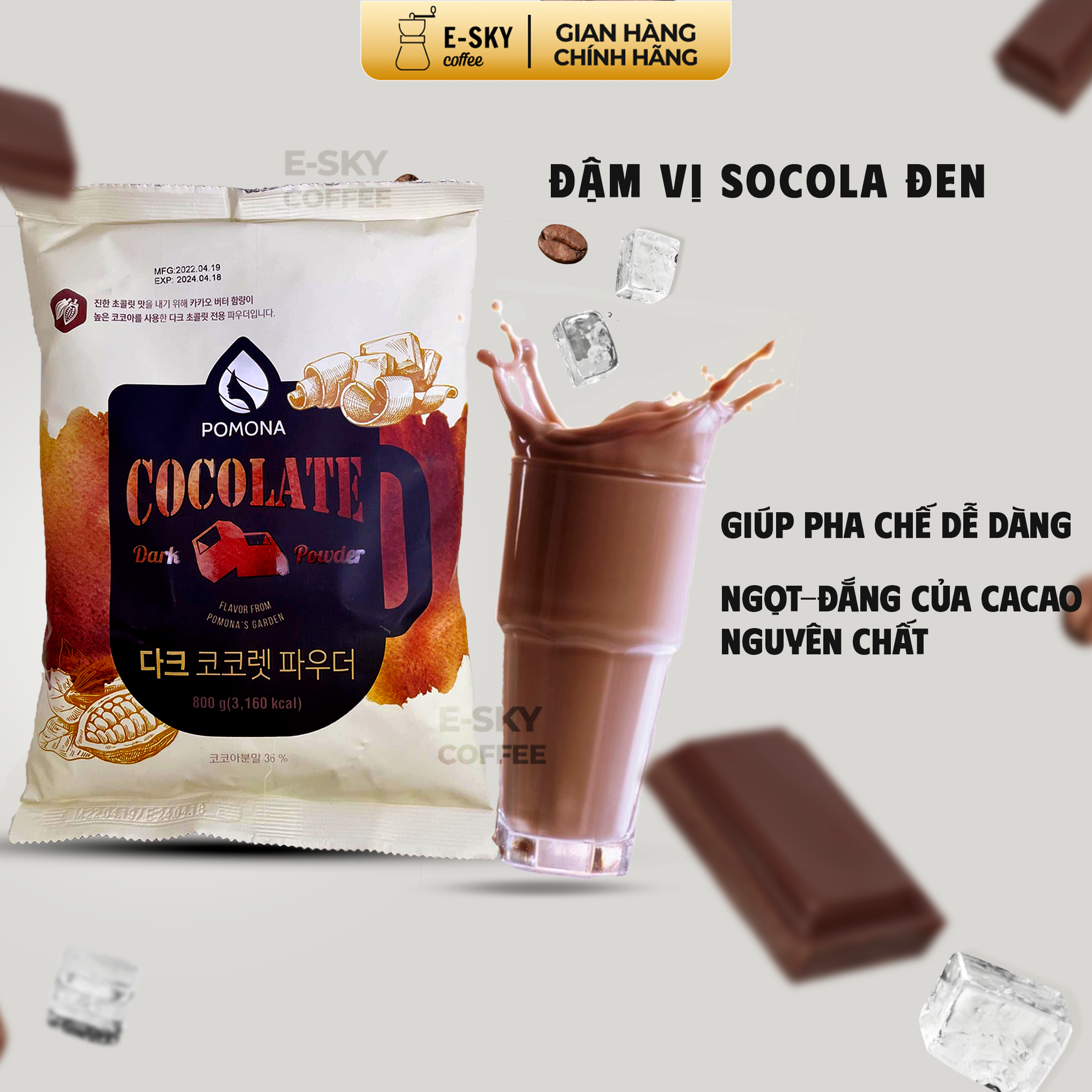 Bột Socola Đen Pomona Dark Chocolate Powder Nguyên Liệu Pha Chế Cà Phê, Trà Sữa Hàn Quốc Gói 1kg