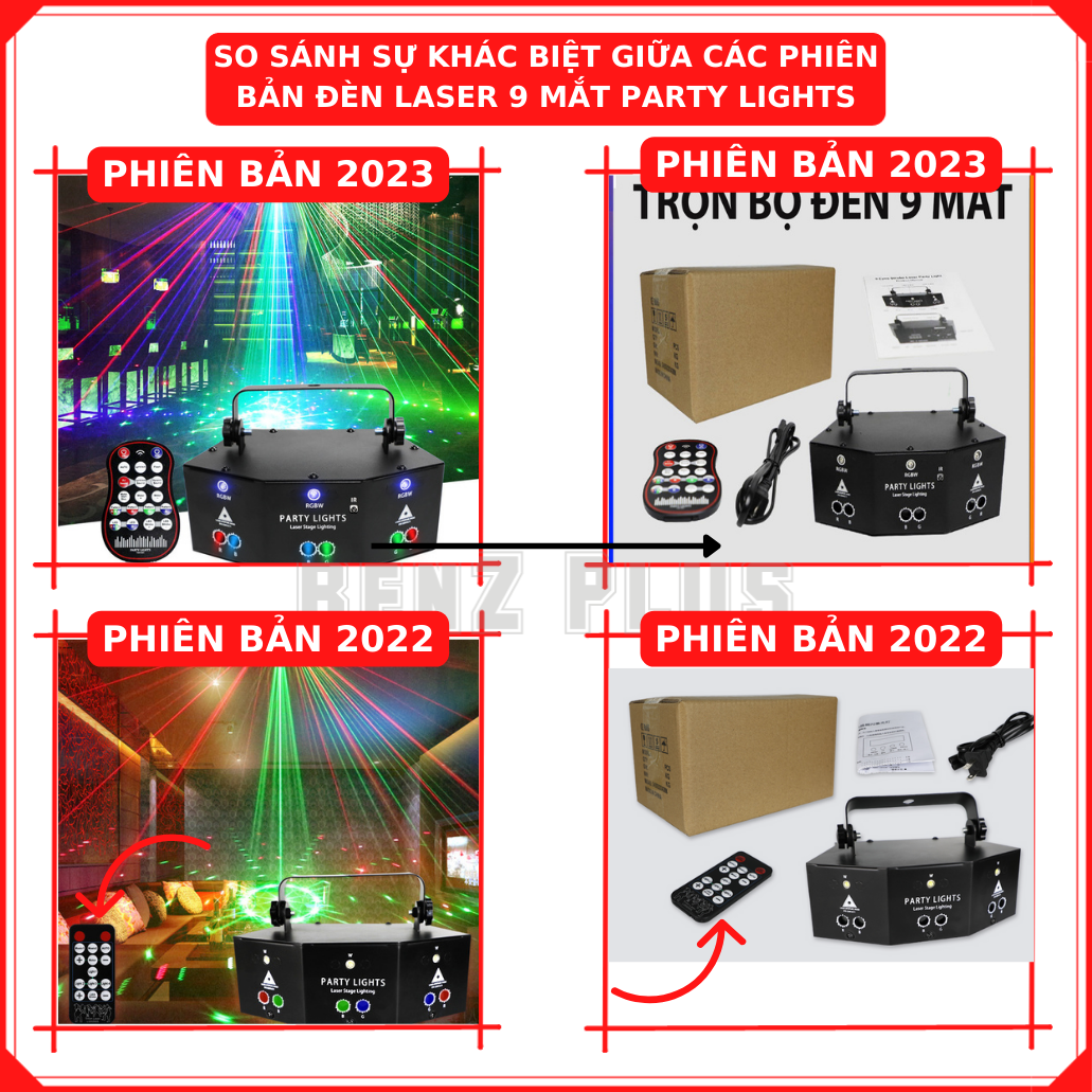 Đèn laser BENZ 9 mắt phiên bản 2023, phòng bay bar karaoke nháy theo nhạc, đèn party lights trang trí sự kiện, sinh nhật