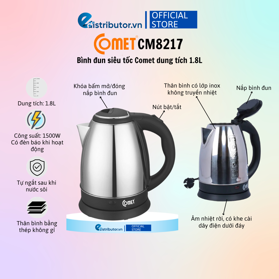 Bình đun siêu tốc Comet CM8215 - CM8217 - Hàng Chính Hãng - Bảo Hành 12 Tháng