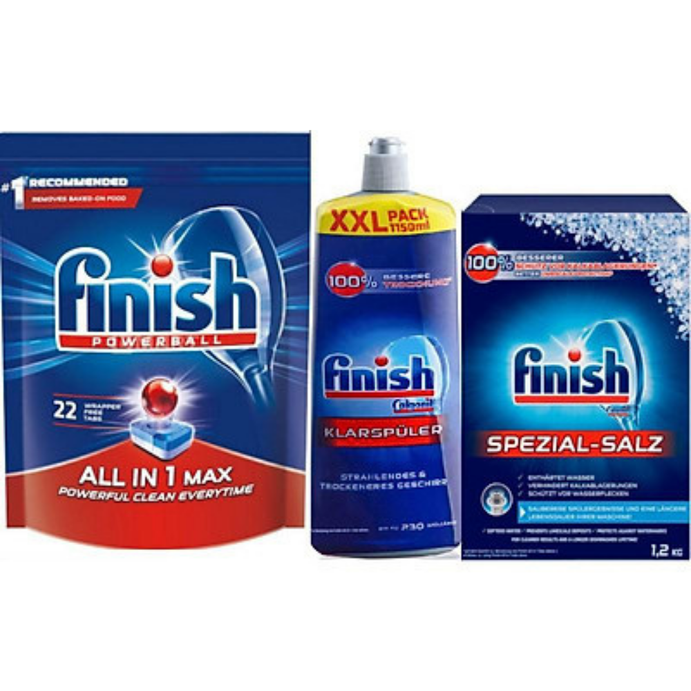 Combo Muối Finish 1.2kg + 1150ml Nước làm bóng finish + Viên rửa bát Finish all in one 22 viên