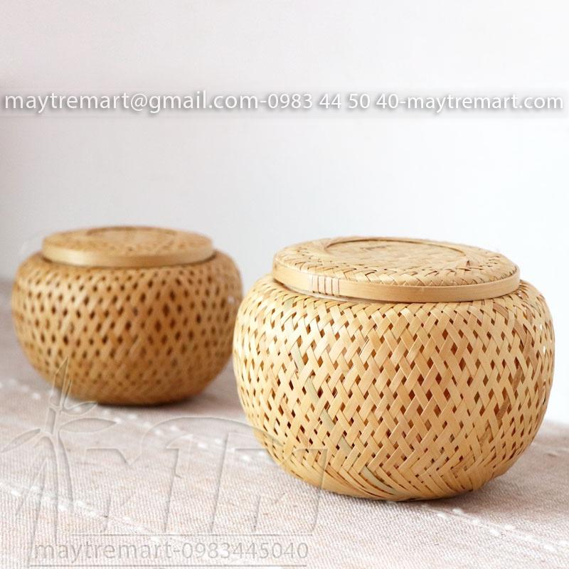Hộp tre tròn 2 lớp - để kim chỉ, dây cột tóc, thỏi son, đựng quà tặng.