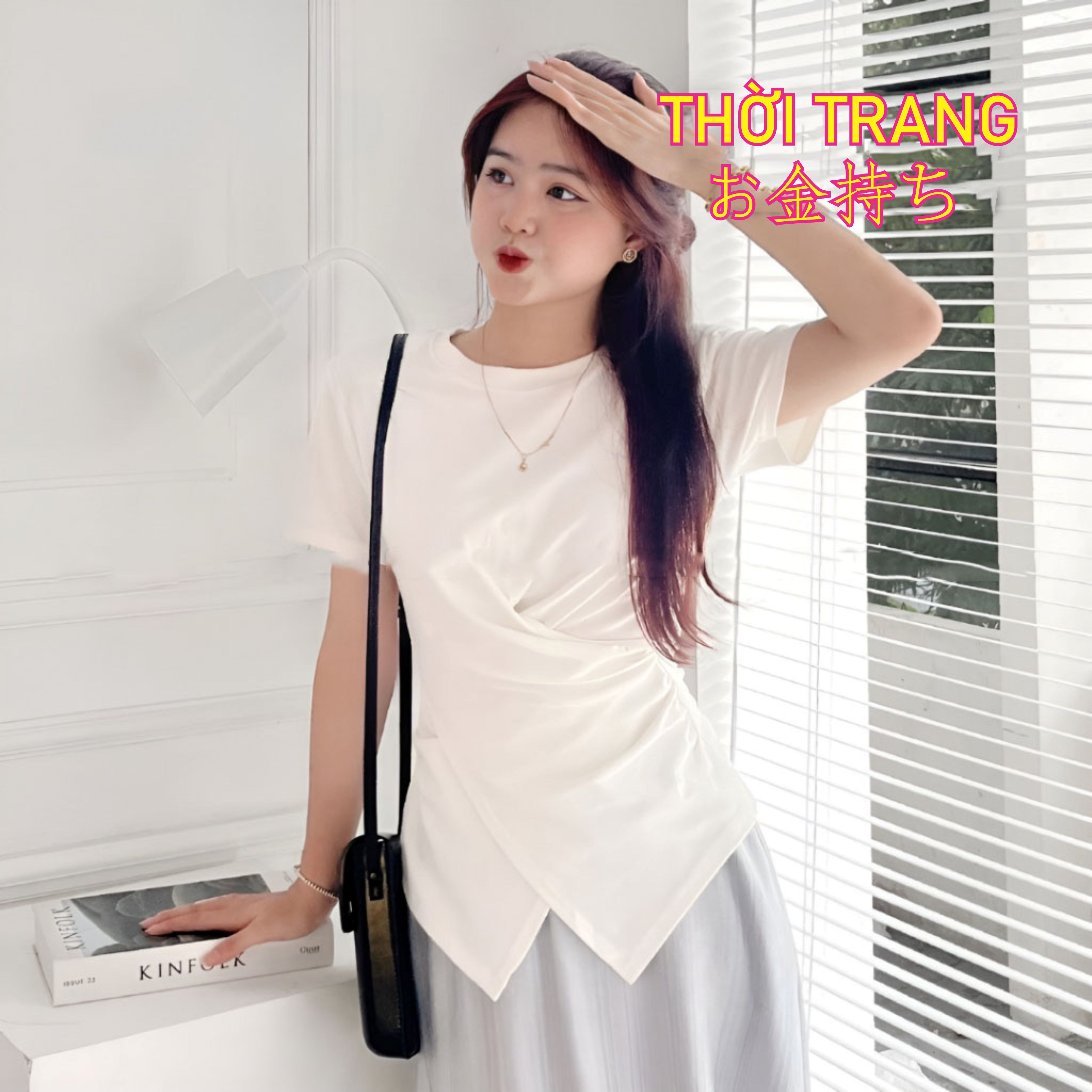 Áo thun cổ tròn xoắn bụng đệm vai 3112