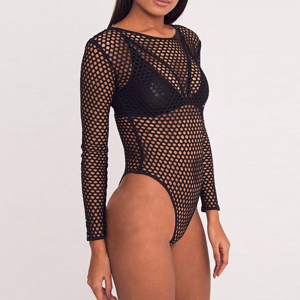 Women's Tight Mesh Long Sleeve Backless Bodysuit Jumpsuit Shapewear One Piece Swimsuit