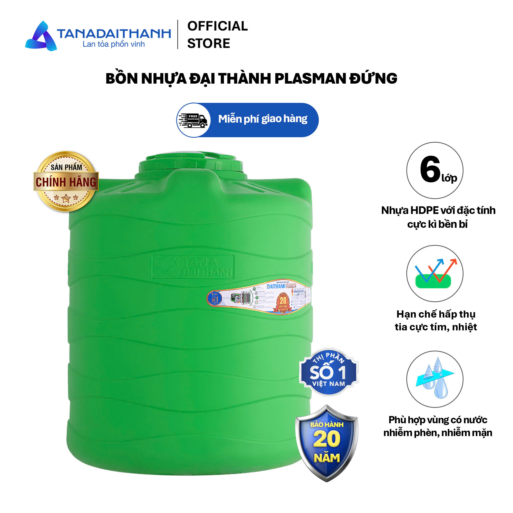 Bồn nước nhựa Đại Thành Plasman Đứng 500L 1000L 1500L 2000L Chính Hãng, Bảo hành 20 năm