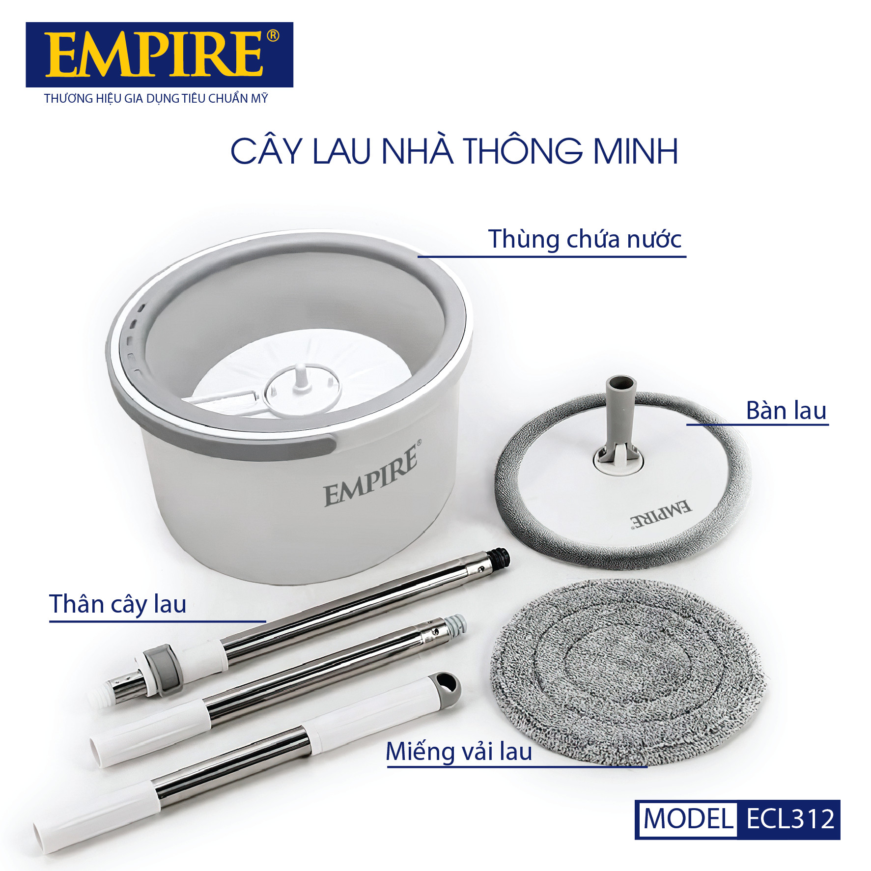 CÂY LAU NHÀ TIẾT KIỆM NƯỚC, TÁCH NƯỚC BẨN THÔNG MINH TỰ ĐỘNG GIẶT, XOAY 360 ĐỘ EMPIRE 312. BỘ SẢN PHẨM ĐI KÈM 2 BÔNG LAU- HÀNG CHÍNH HÃNG.