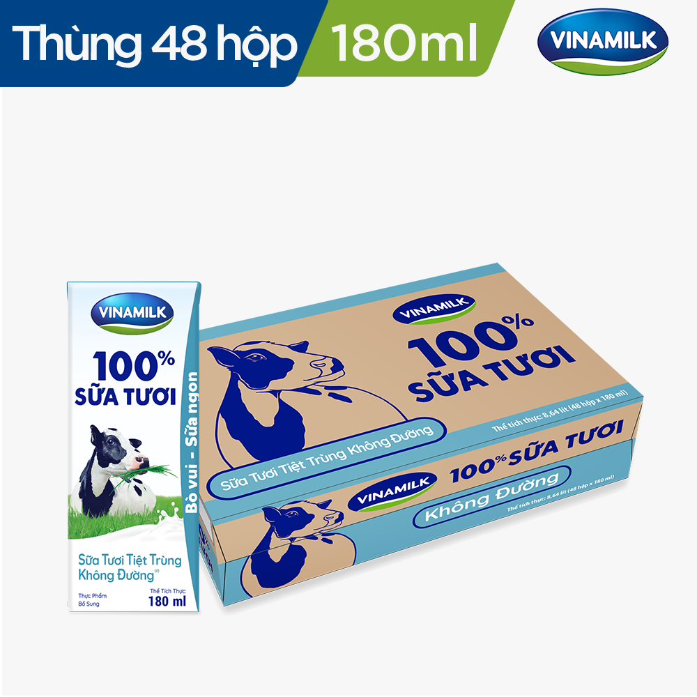 THÙNG 48 HỘP SỮA TƯƠI TIỆT TRÙNG VINAMILK 100% KHÔNG ĐƯỜNG 180ML