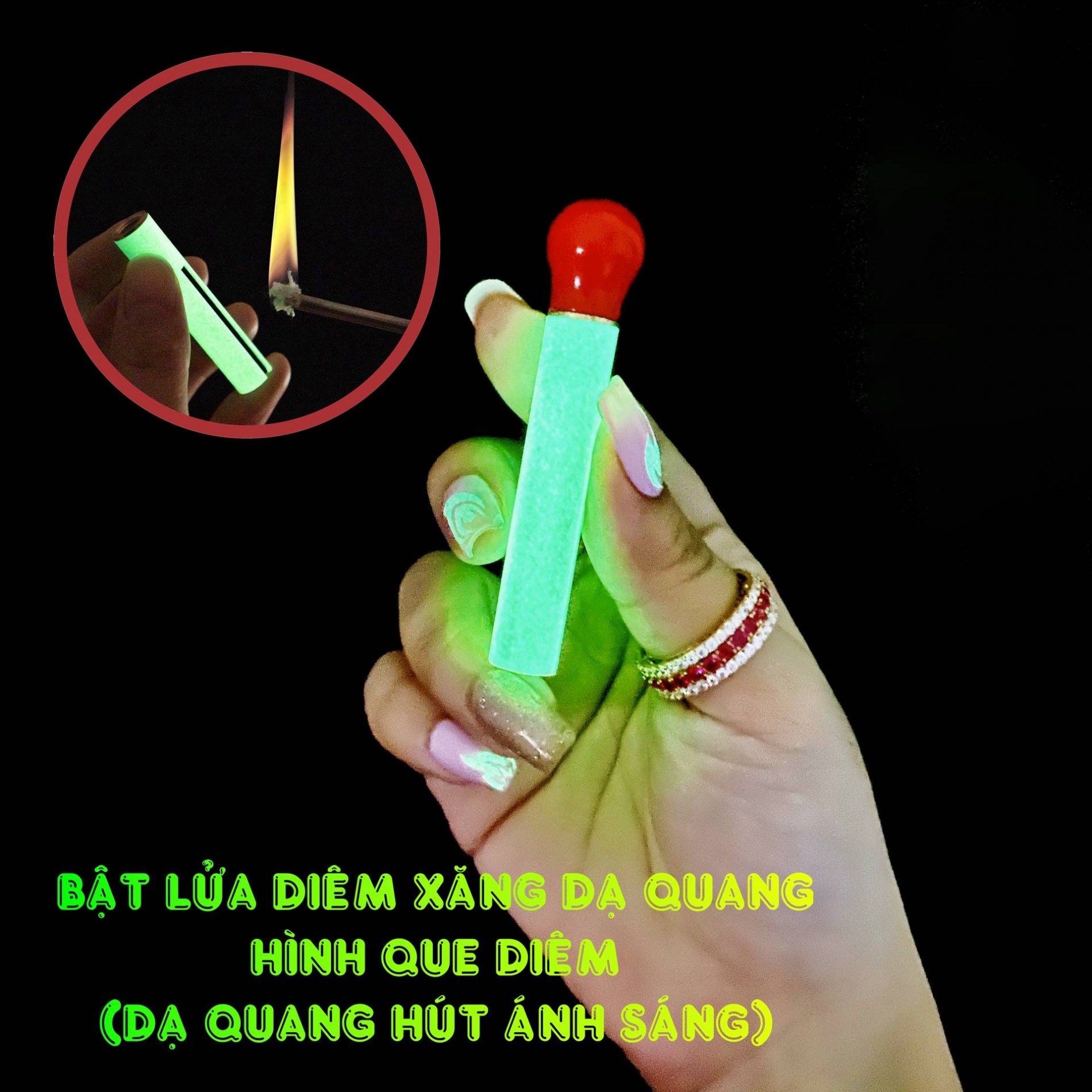 Hộp quẹt bật lửa diêm xăng dạ quang hình que diêm (dạ quang hút ánh sáng) - (xài xăng)