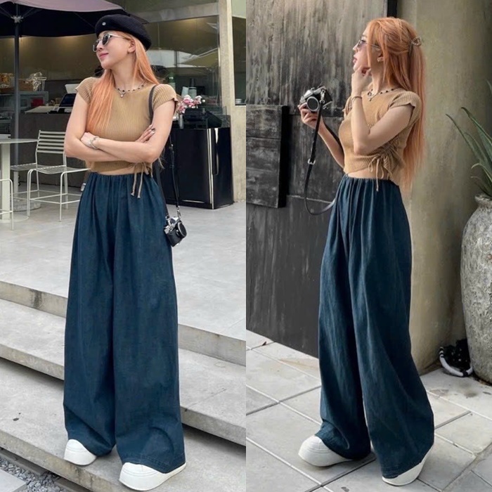 SET ÁO CROPTOP THUN DÂY RÚT TAY NGẮN + QUẦN DÀI ỐNG RỘNG LƯNG CAO SUÔNG TRƠN JEANS DẠO PHỐ ĐI CHƠI ĐI BIỂN ĐI TIỆC