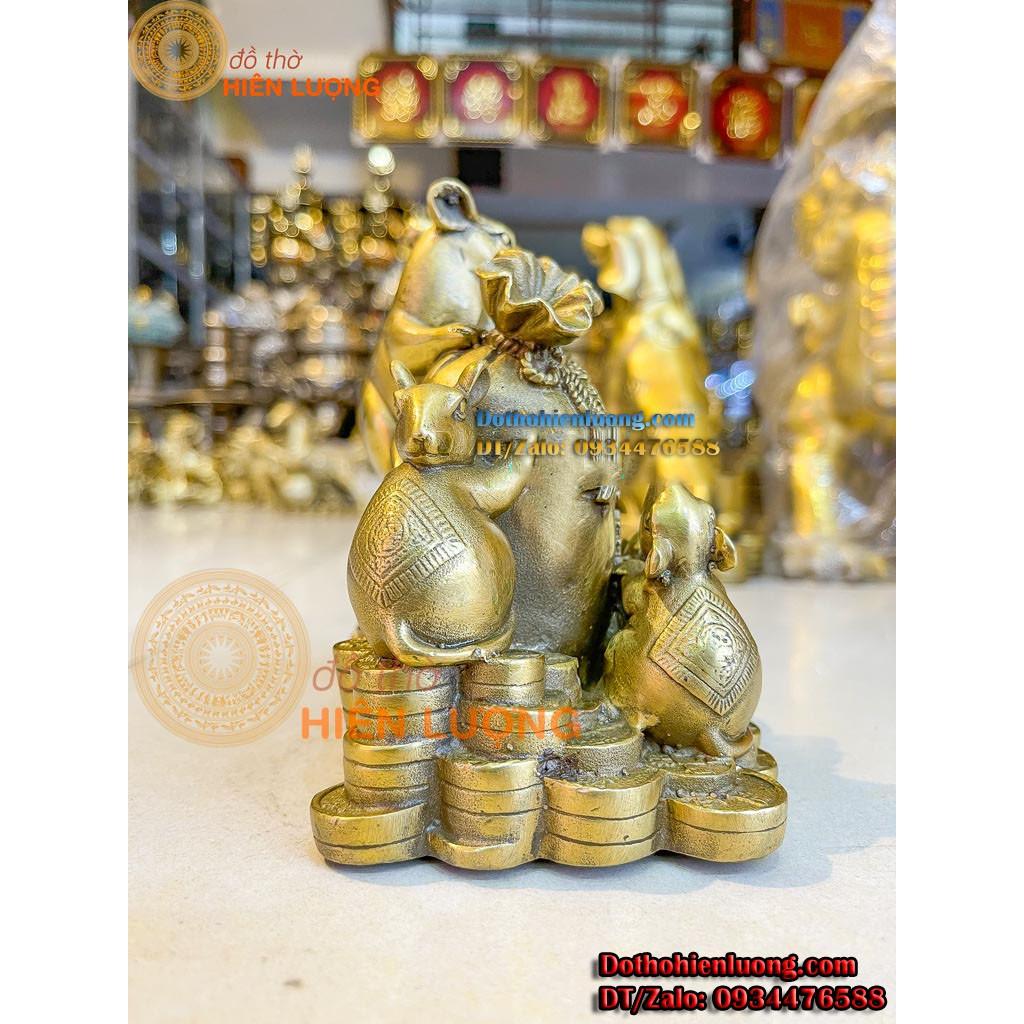 Tượng Gia Đình Chuột Ôm Bao Tiền Bằng Đồng Cao 15cm - Tượng Chuột Ngũ Phúc