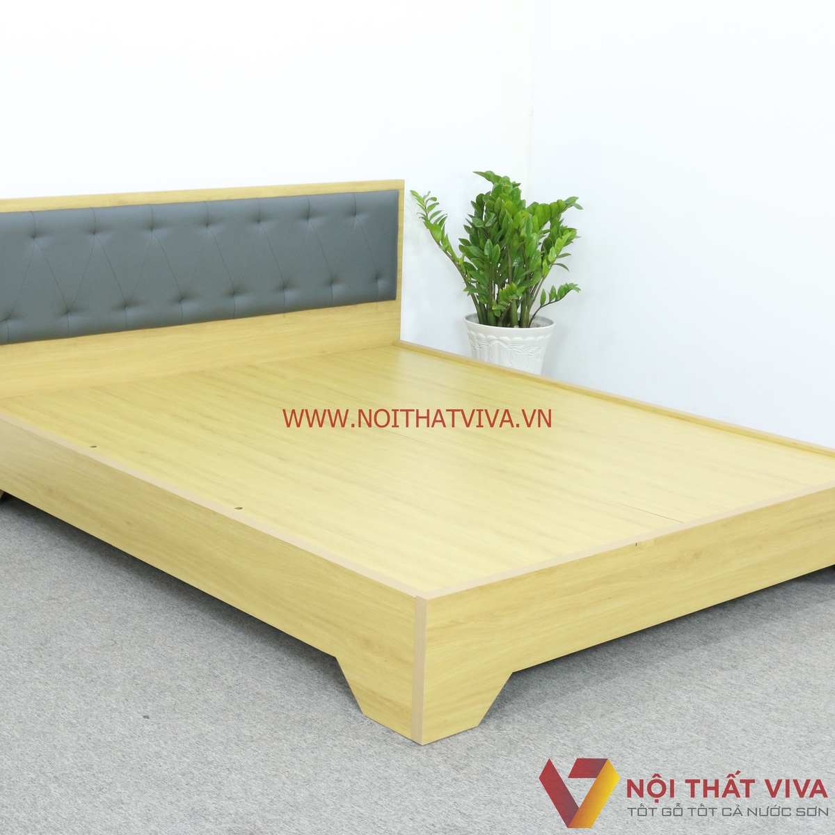 Giường Ngủ Gỗ MDF Chân Cao Đầu Nệm Xanh Đậm