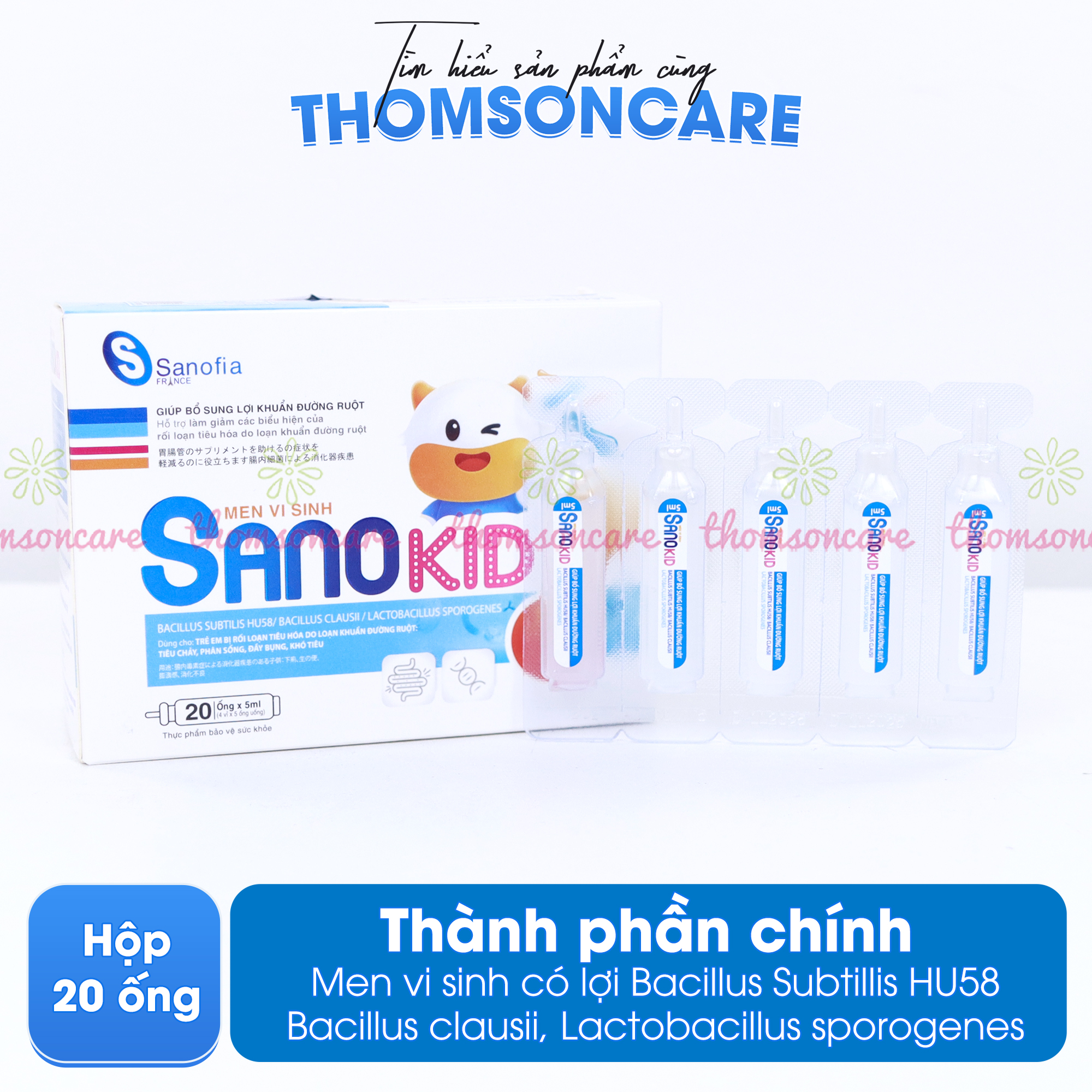 Men tiêu hóa Sanokid - Bổ sung lợi khuẩn đường ruột, ngăn ngừa tình trạng tiêu chảy, đầy bụng - Hộp 20 ống x 5ml Thomsoncare