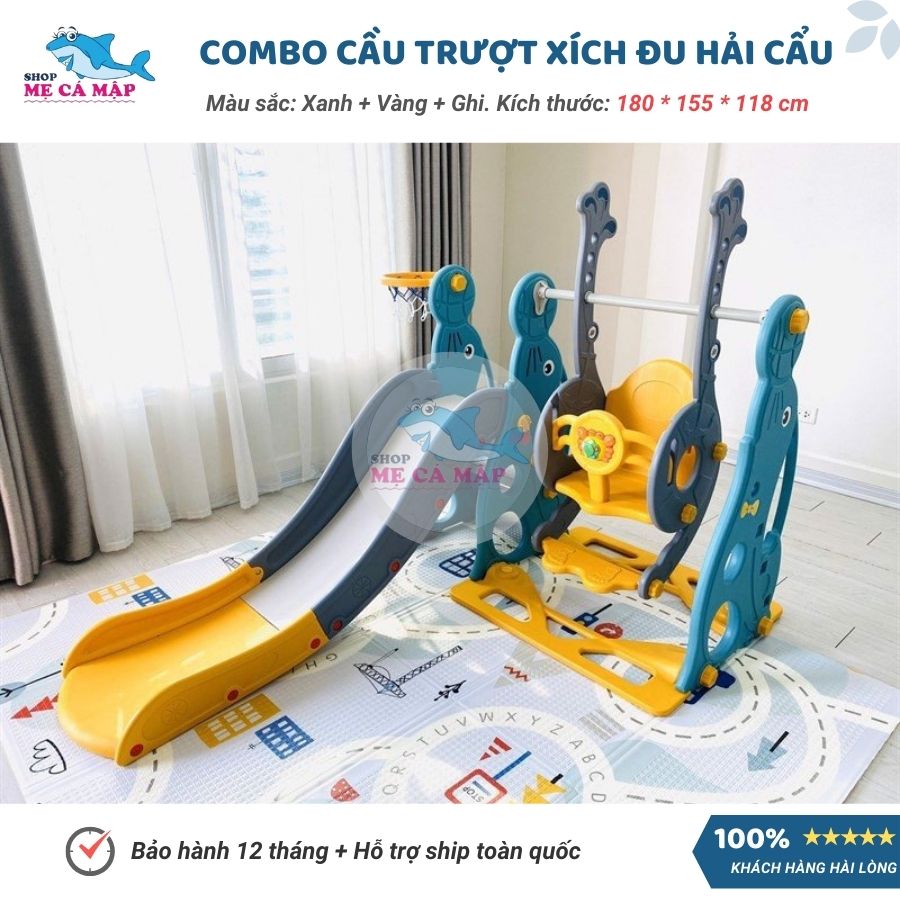 Combo cầu trượt xích đu Hải Cẩu, TẶNG KÈM BỘ BÓNG RỔ , cầu trượt cho bé chịu tải trọng 80kg