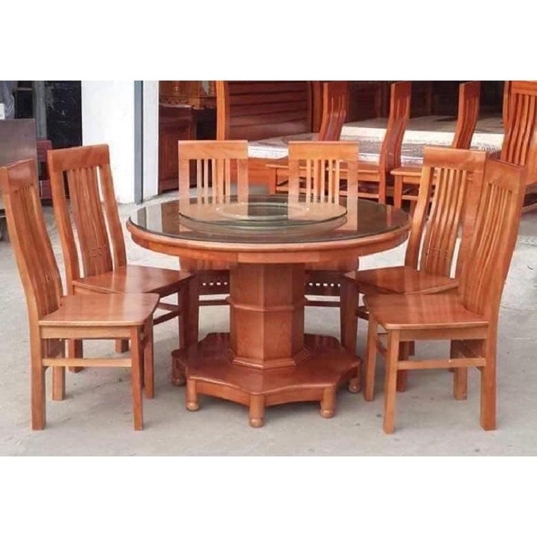 Bàn ghế ăn gỗ sồi nga bàn tròn 6 ghế