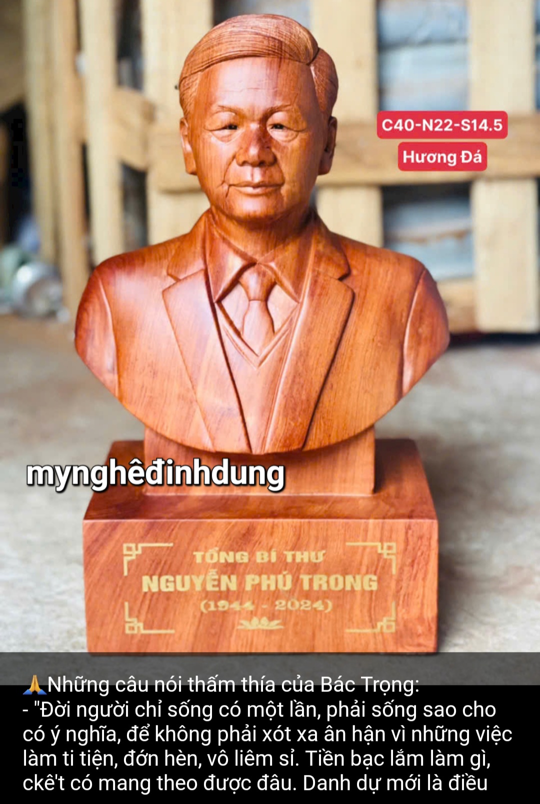 Tượng chân dung tổng bí thư nguyễn phú trọng kính yêu bắng hương đá kt 40x22x14.5cm