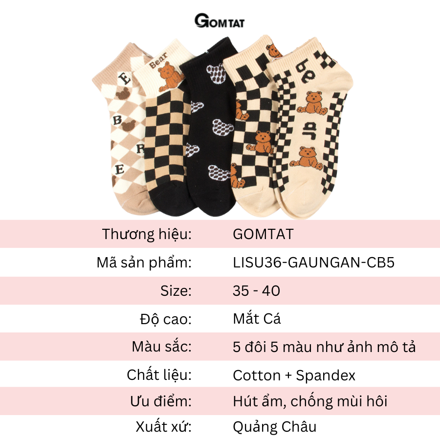 Set 5 đôi tất vớ nữ cổ ngắn GOMTAT họa tiết gấu caro, chất liệu cotton mềm mịn thoáng mát - LISU36-GAUNGAN