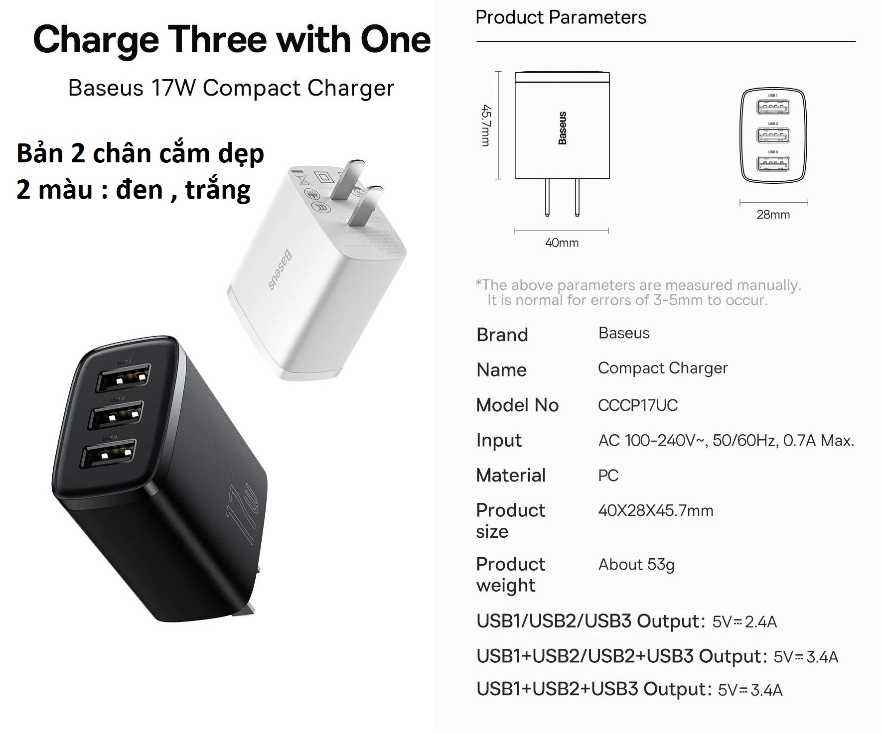 Cốc sạc 17W 3 cổng sạc USB Baseus Compact CCCP17UC - Hàng chính hãng