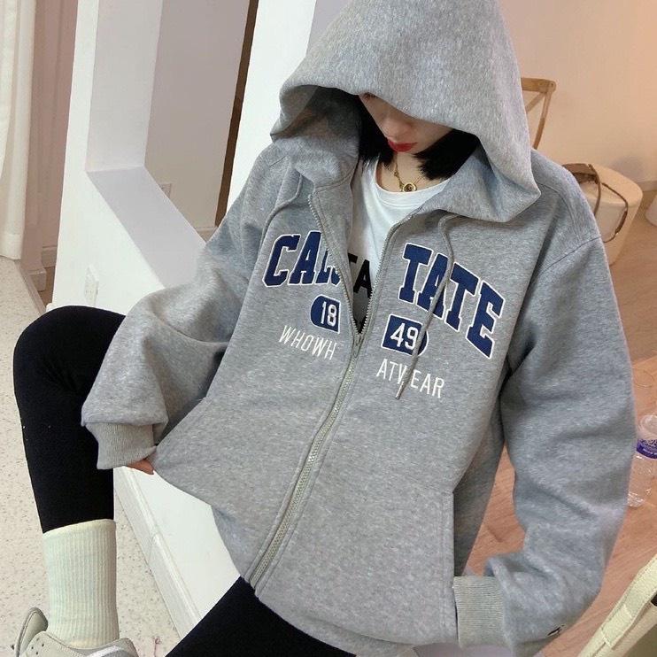 Áo khoác Hoodie nỉ bông dây kéo thêu chữ TATE form rộng unisex nam nữ Vuasivuare