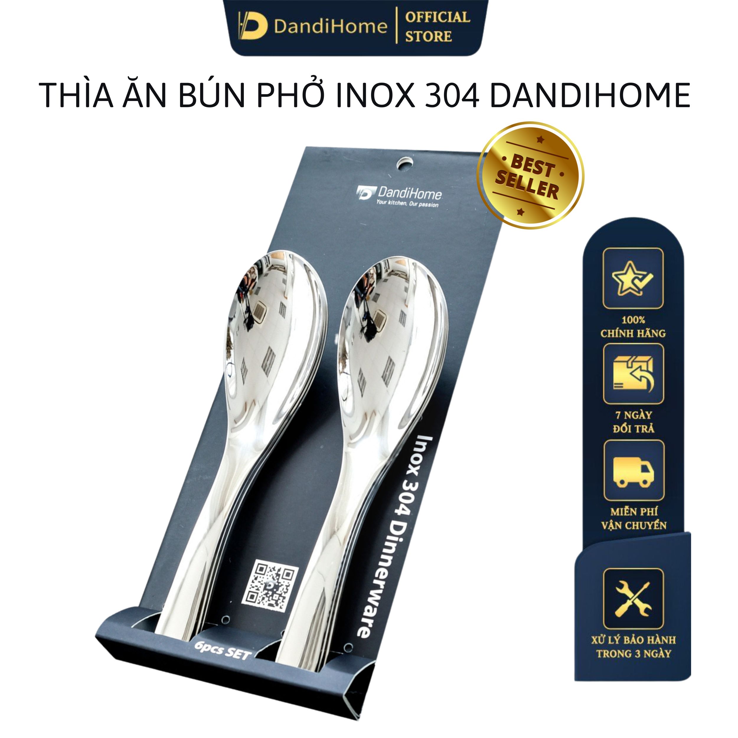 Hình ảnh Bộ 6 thìa Inox 304 ngắn bún phở DandiHome