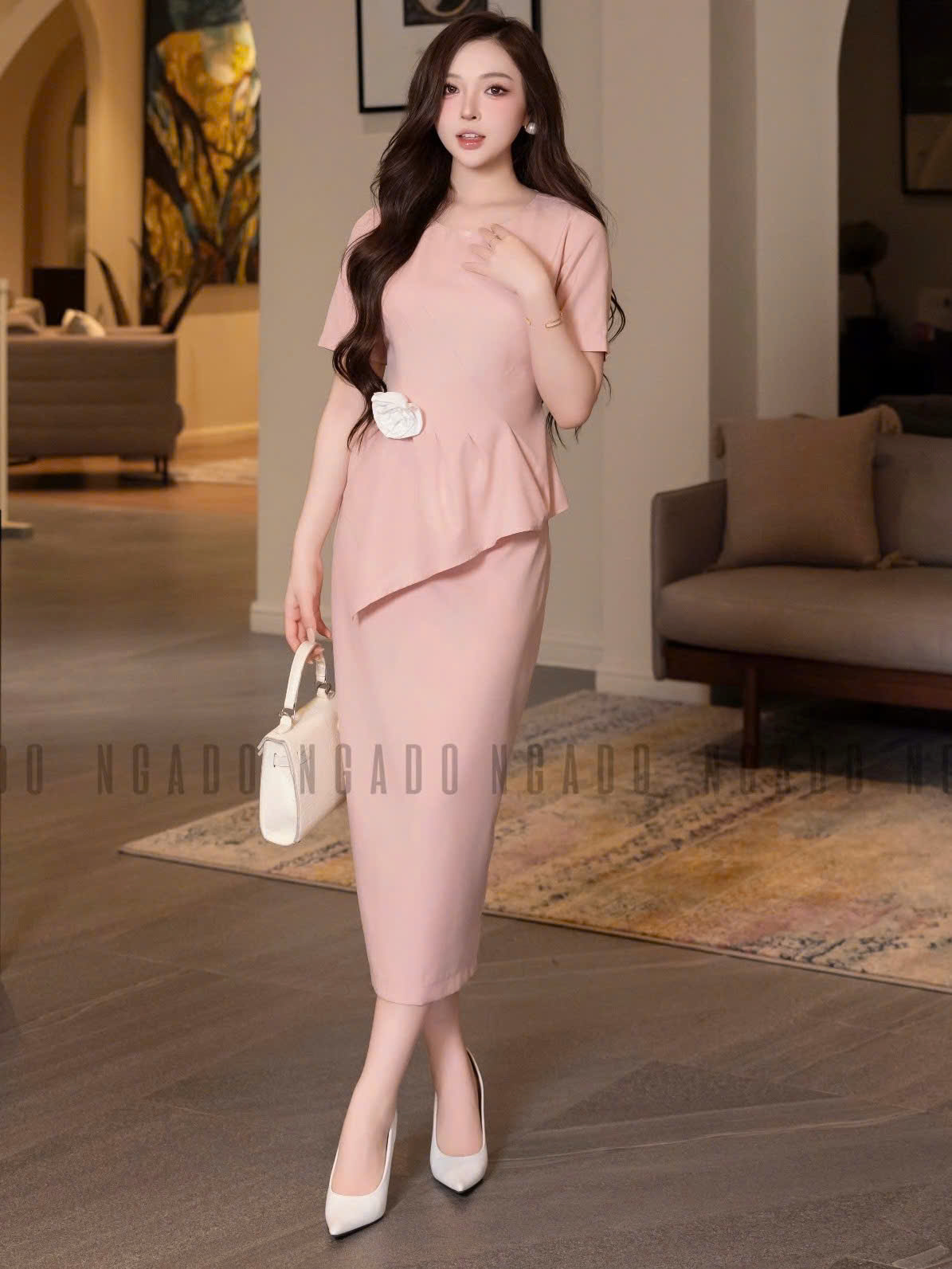 Set áo váy hồng vạt xéo NGADO , set áo váy dài , set áo váy dự tiệc , công sở