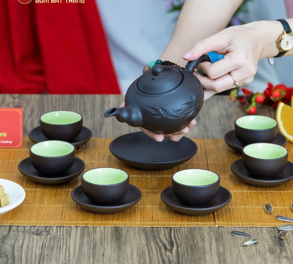 Bộ Ấm Trà Tử Sa Khắc Lá Trúc Cao Cấp – 1 Ấm 6 Chén 6 Đĩa, Phong Cách Trà Đạo, Quà Tặng Sang Trọng - HÀNG CHÍNH HÃNG MINIIN