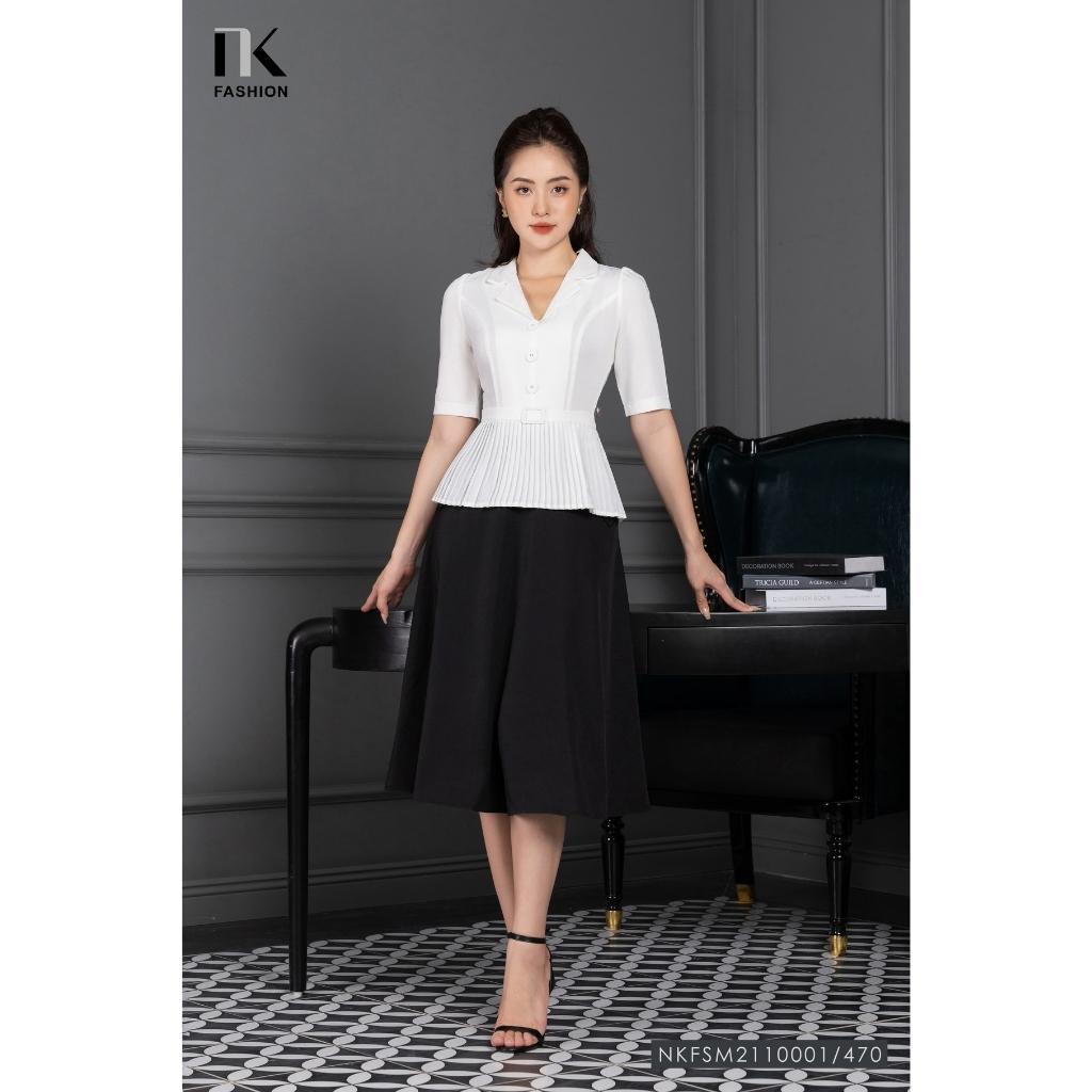 Áo Ký Giả Peplum Dập Ly UK Fashion Thiết Kế Tay Ngắn Bo Eo Điệu, Chất Liệu Nhập Hàn Mềm Mịn NKFSM2110001