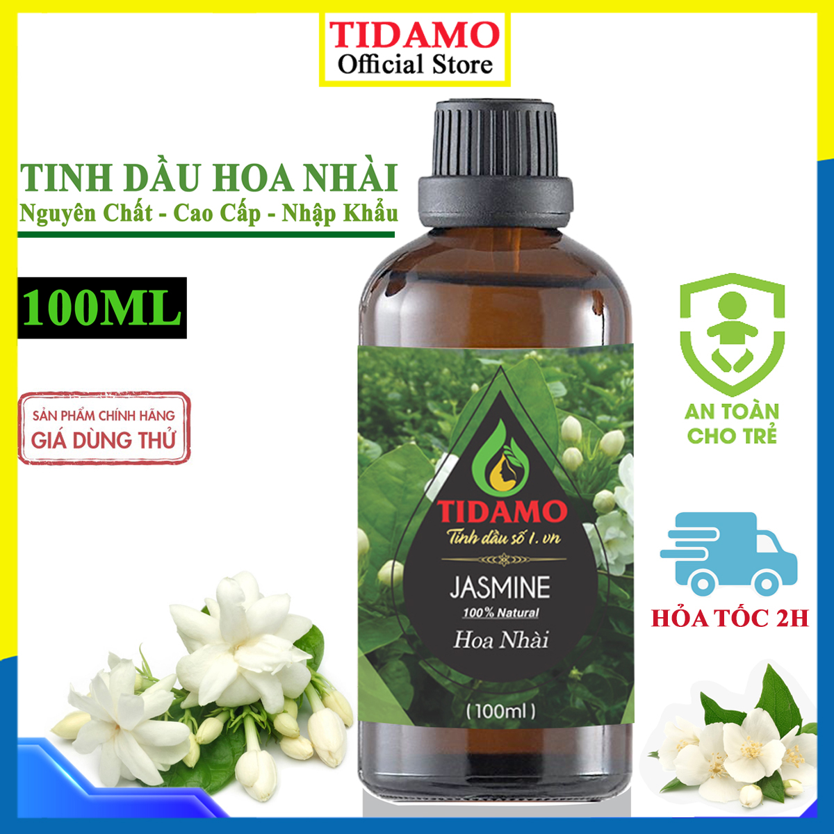Tinh Dầu Hoa Nhài TIDAMO 100ML Nhập Khẩu, Có Kiểm Nghiệm, Hương Thơm Dịu Nhẹ Quý Phái - Tinh Dầu Hoa Lài Xông Thơm Phòng, Thư Giãn và Tốt Cho Sức Khỏe