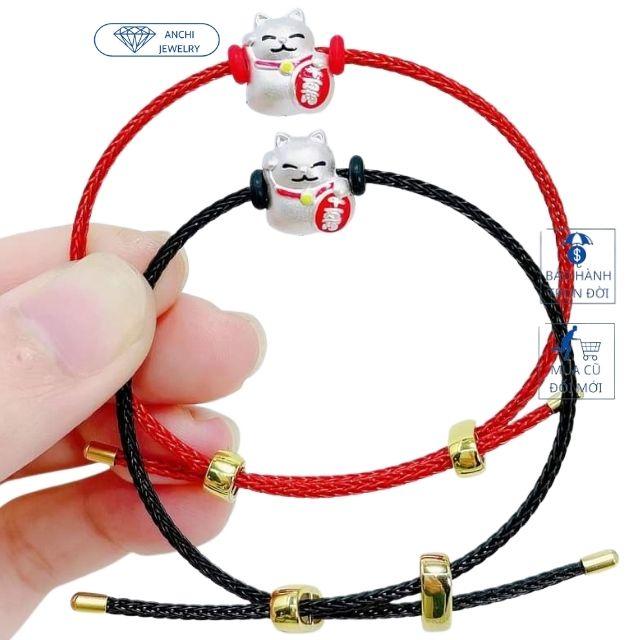 Vòng tay dây cước charm mèo thần tài, bạc ta dây 2mm may mắn, Anchi jewelry