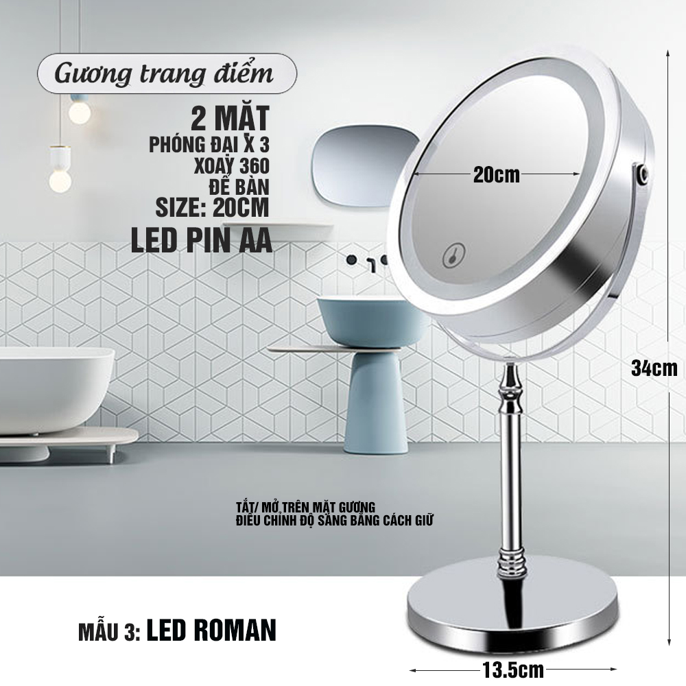 Gương trang điểm đèn LED Roman cảm ứng để bàn phóng đại 3 lần, xoay 360 độ, 2 mặt Minh House