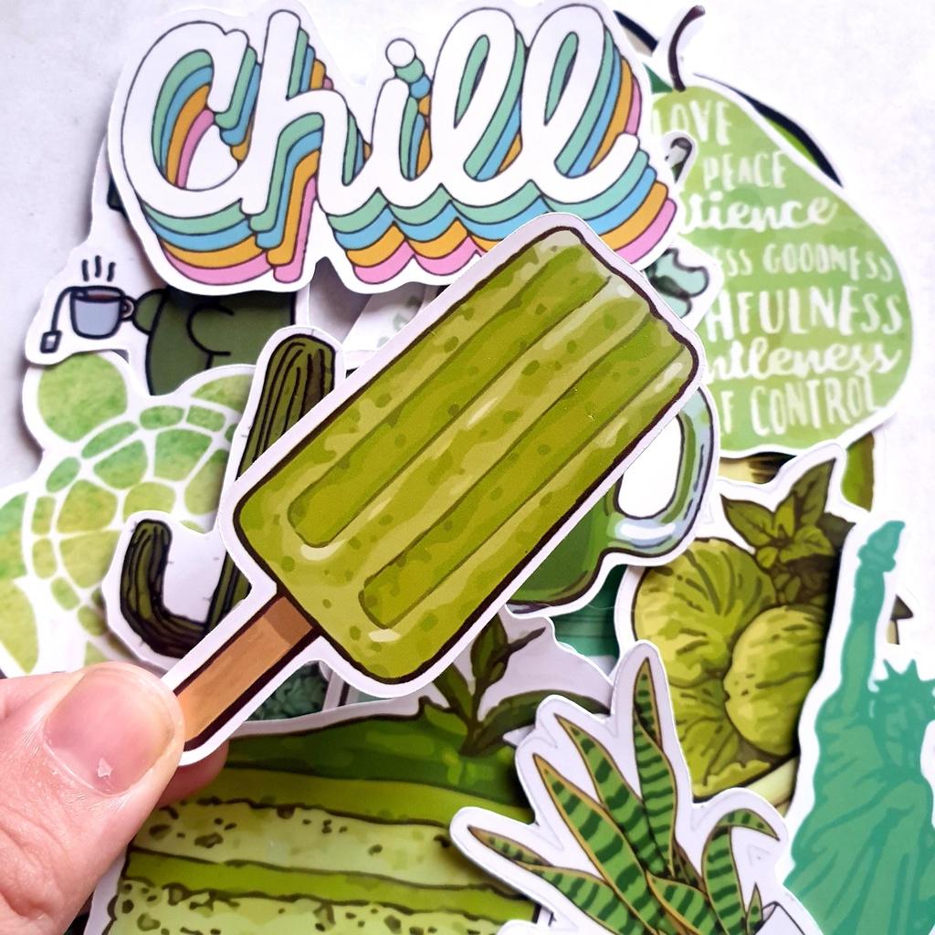 Bộ 20 sticker chống nước Green tone trang trí mũ bảo hiểm, đàn, guitar, ukulele, điện thoại laptop