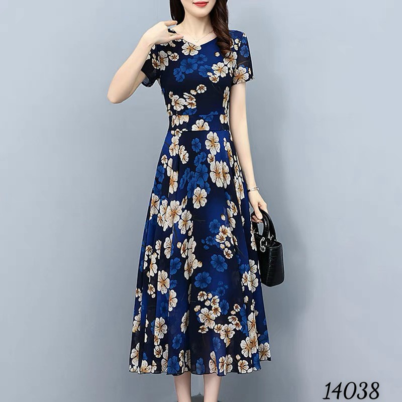 Đầm váy nữ voan midi hoa tay ngắn cổ V dự tiệc đám cưới xanh đậm cao cấp