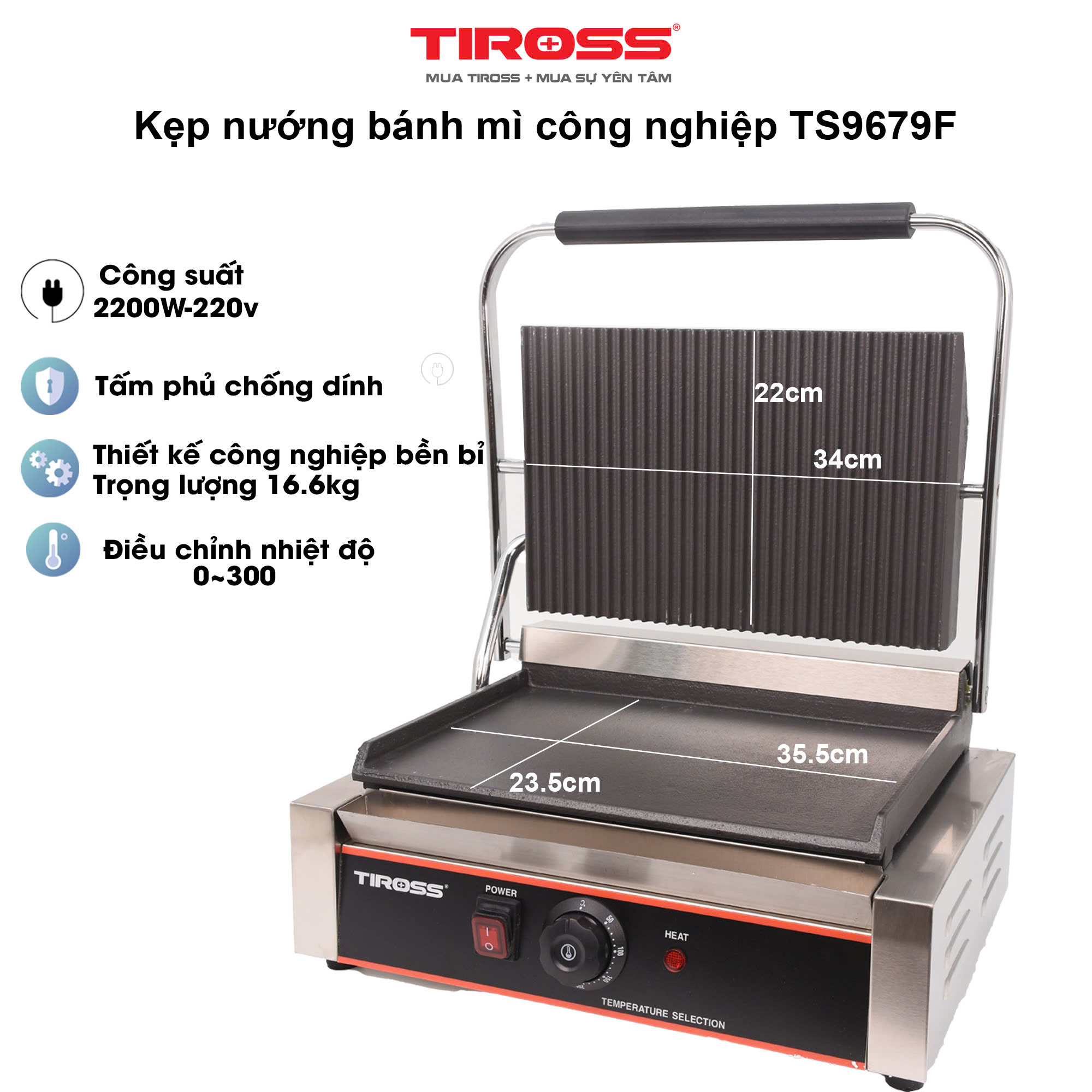 Kẹp nướng điện (sandwich) TIROSS 2200W TS9679F - Hàng chính hãng