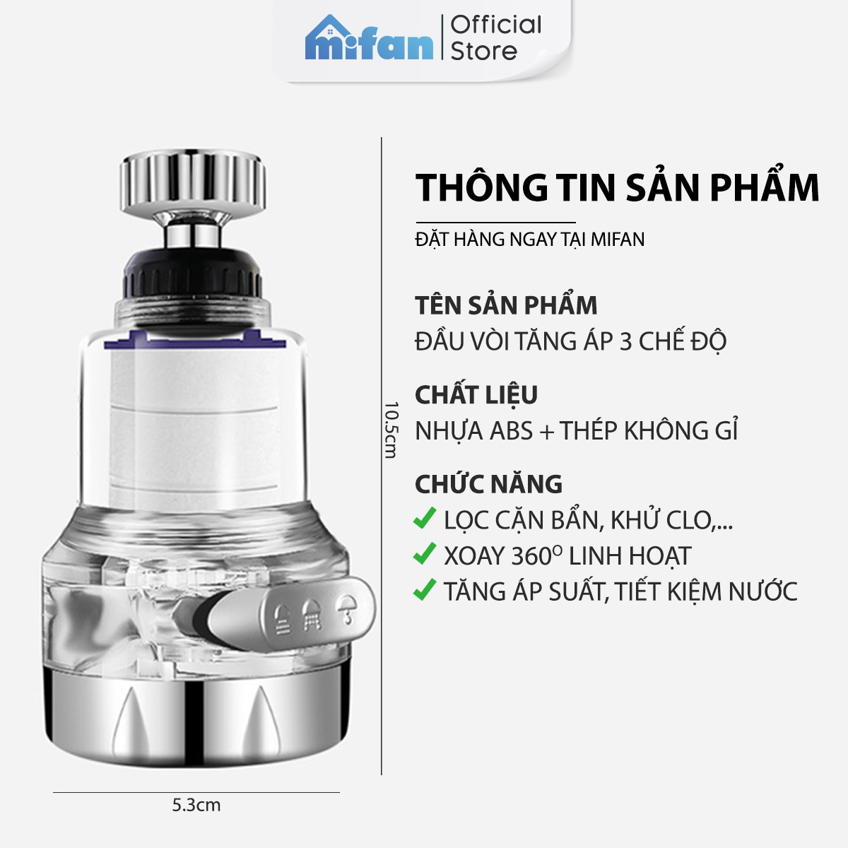 Đầu vòi rửa bát tăng áp lọc nước 3 chế độ phun Mifan - Lõi PP loại bỏ cặn bẩn, clo, màu và mùi, cổ xoay 360 bồn rửa chén