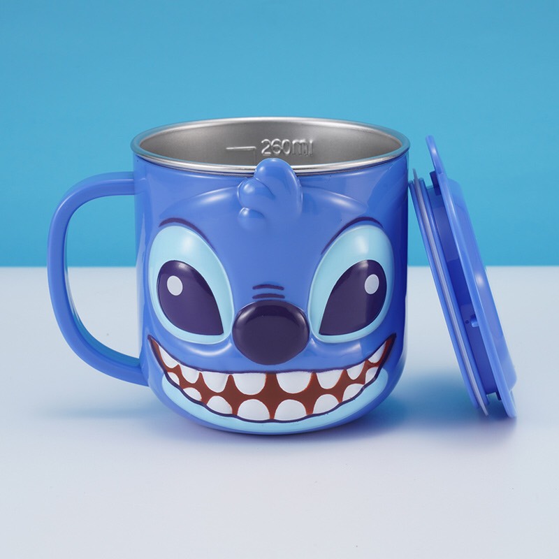 Ly inox giữ nhiệt , cốc có quai cầm 260ml hình Stitch nổi 3D màu xanh siêu cute cho trẻ em , bé trai - 97VNDP2269