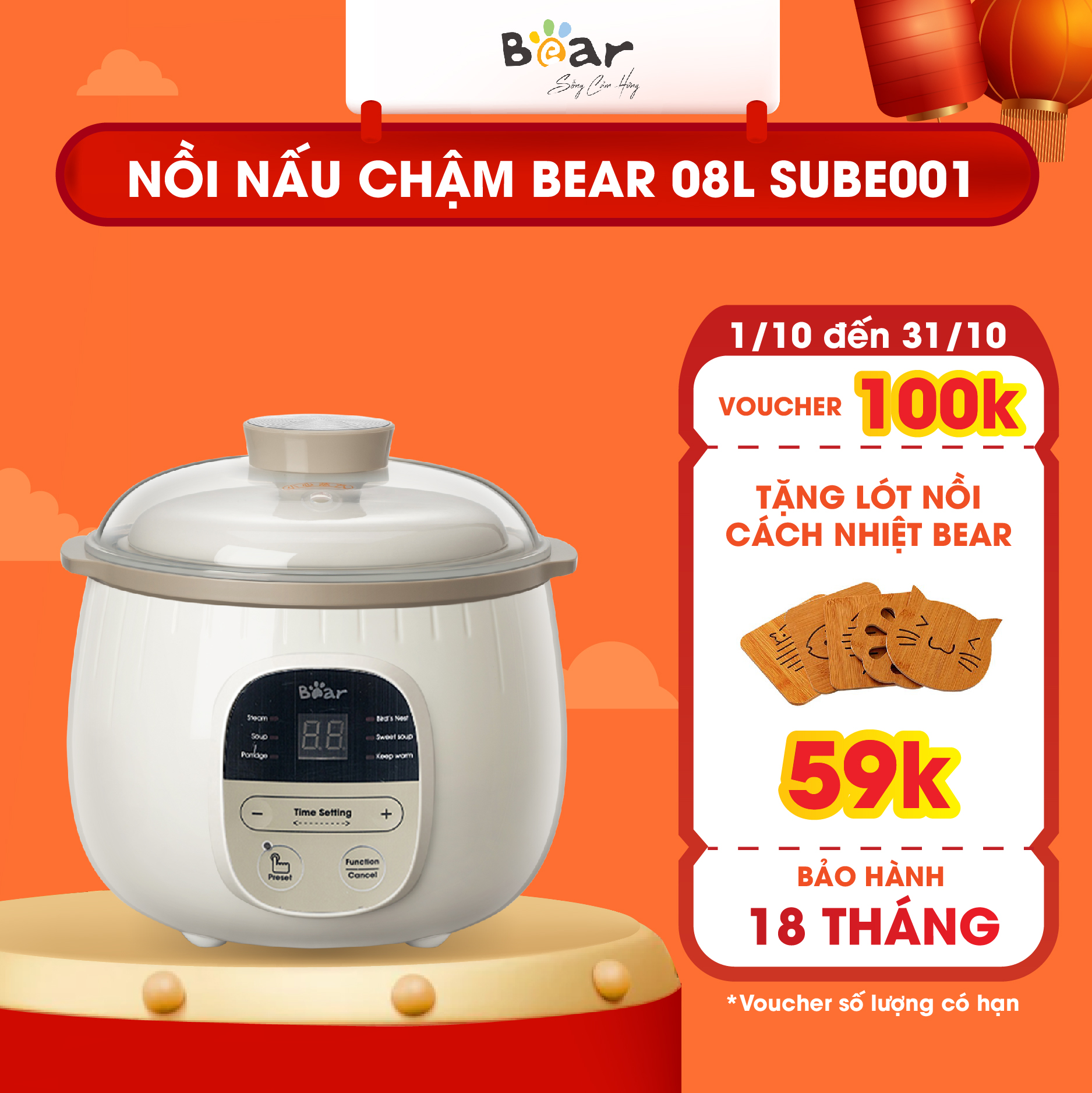 NỒI NINH HẦM CÁCH THỦY NẤU CHÁO BEAR DDZ-B08C1