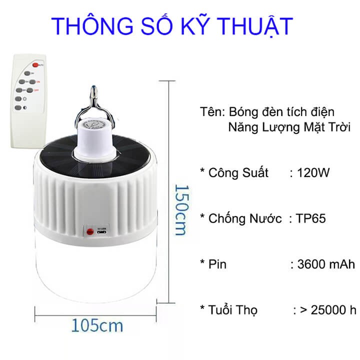 Bóng đèn Led tích điện năng lượng mặt trời 120W có sạc tặng kèm điều khiển từ xa