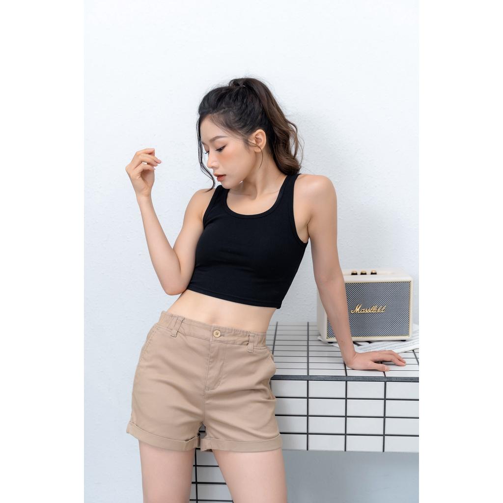 Quần short kaki nữ lưng thun BLOSS - Vải cotton kaki nhung mịn, co giãn phong cách Hàn Quốc GINE STORE