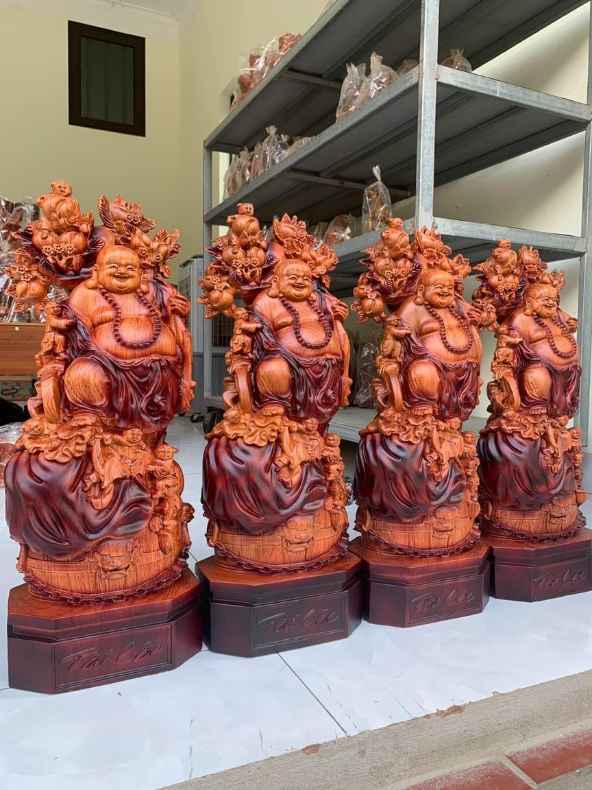 Tượng phật di lặc ngũ phúc bằng gỗ hương đá tô làm mầu giả cổ kt cao 60×24×14cm