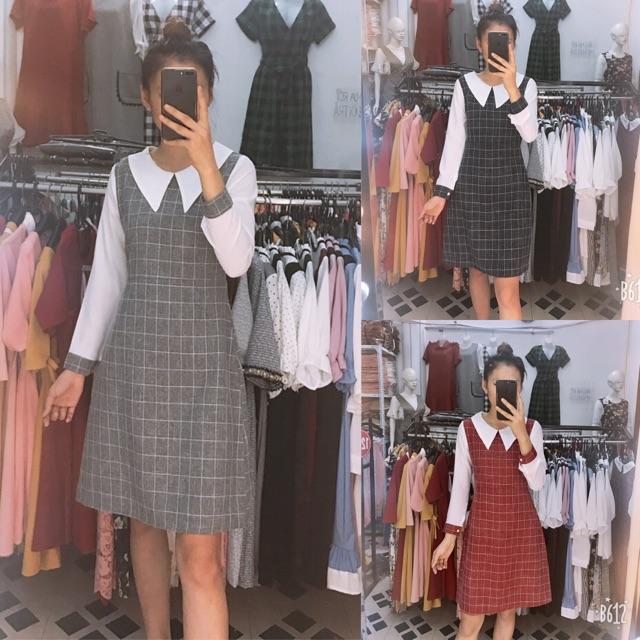 Đầm kẻ cổ đức dài tay phối trắng