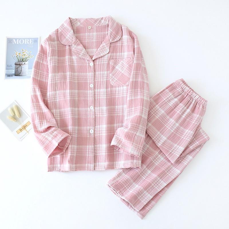 Bộ pyjama nữ dài tay mặc nhà vải xô nhật hai lớp mềm nhẹ họa tiết kẻ