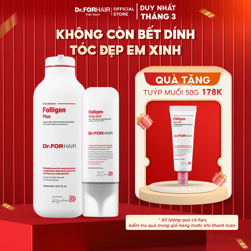 Bộ gội xả giảm rụng tóc chăm sóc tóc chắc khỏe Dr.FORHAIR Folligen Plus 500ml và Scalp Pack 250ml