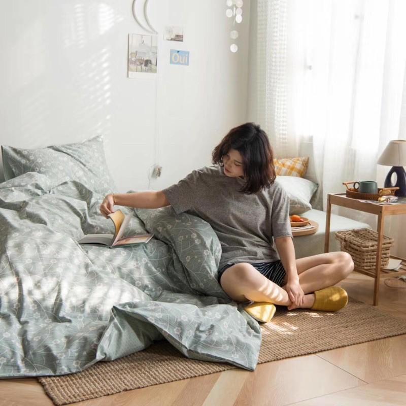 Set Chăn Ga Gối Cotton Living Hàng nhập khẩu Cao Cấp 4 Món Vintage Hoa Nhí Xanh