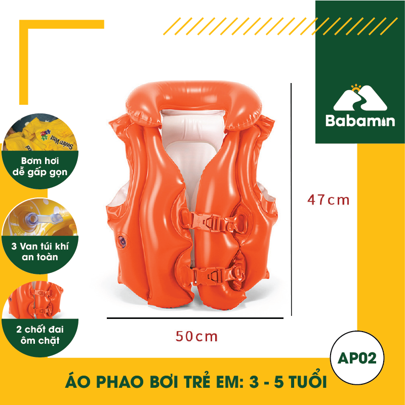 Áo Phao Bơi Cho Bé Từ 3 - 5 Tuổi - Bơm Hơi, Dẻo Dai, 3 Van Khí – Babamin – AP02