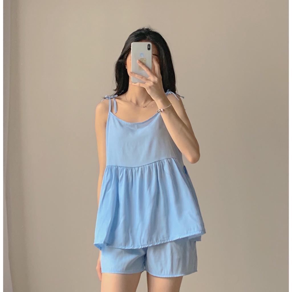 Set đồ ngủ áo 2 dây buộc nơ babydoll quần short đùi ống rộng, Pijama nhiều màu - Made by ToneOnTone TOT